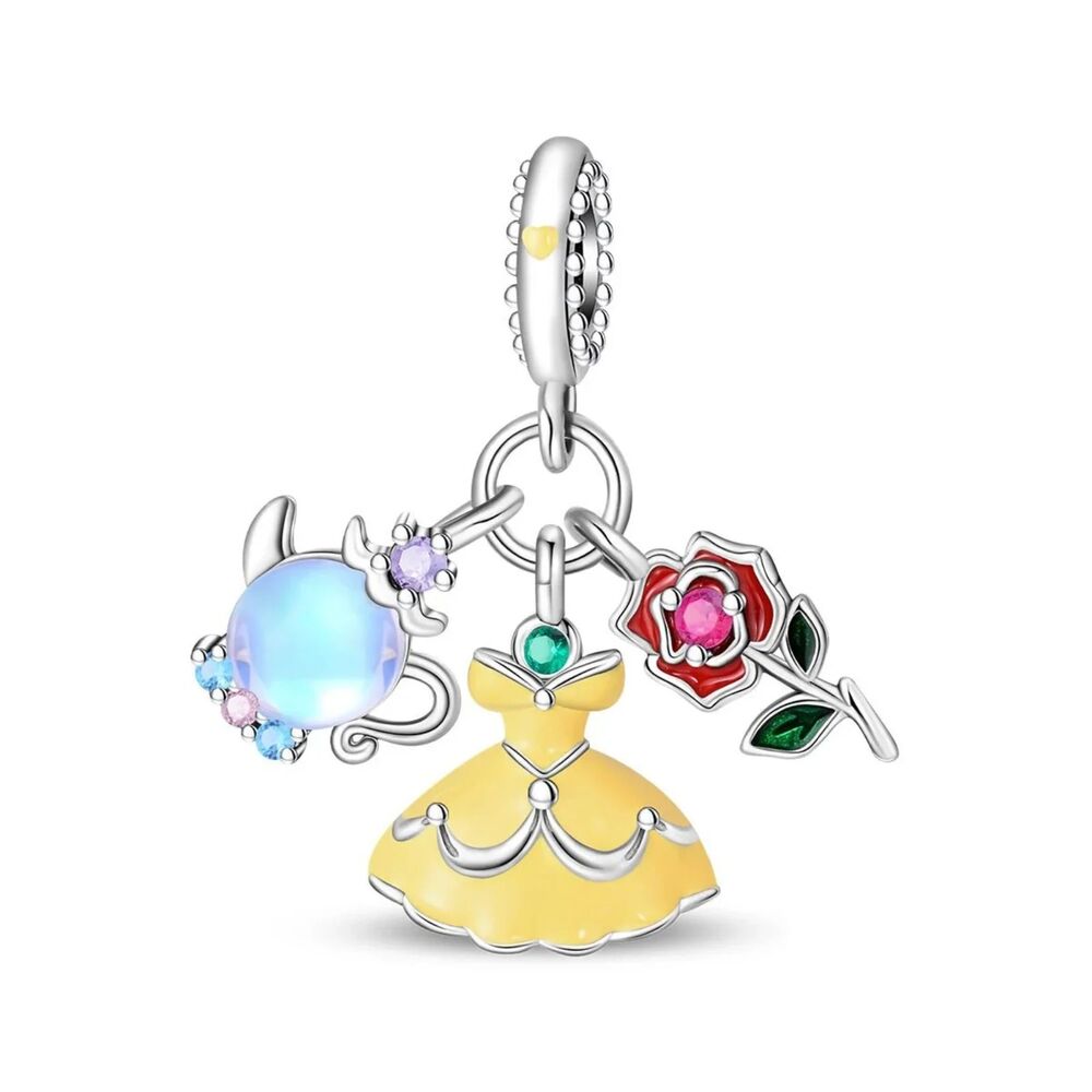 NWOT Beauty & The Beast Belle Yellow Dress, Rose, & Teapot Dangle Charm